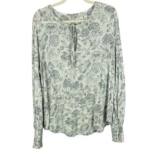 Lucky Brand White Gray Floral Cotton Modal Blend Long Sleeve Peasant Blouse